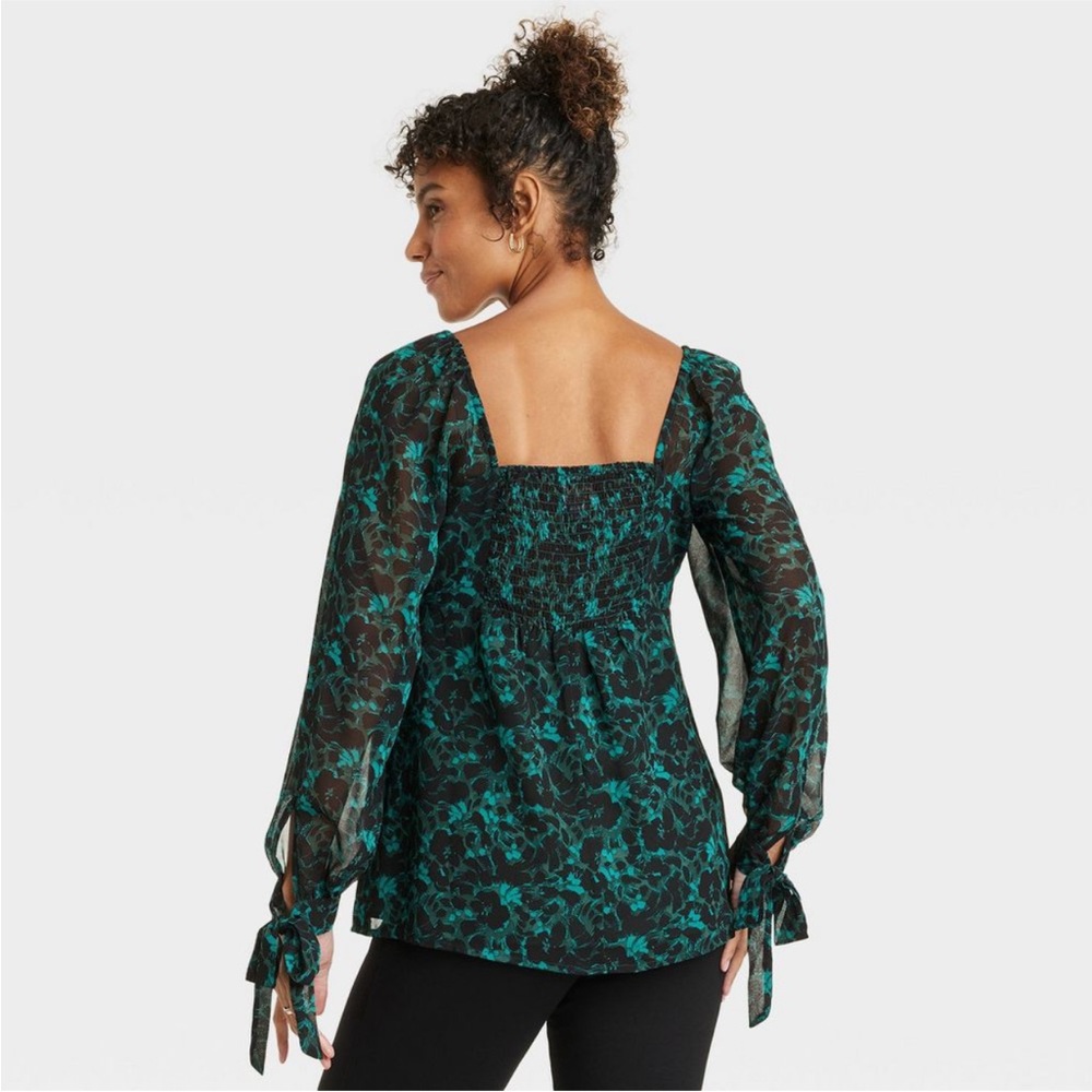 HP🥳Isabel Maternity Floral Green Black Sheer Long Sleeve Maternity Top | NWT!🐠 - Picture 2 of 6